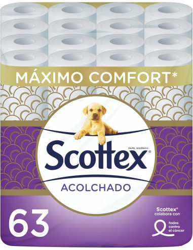 Scottex Acolchado Papel Higiénico 63 rollos con 3 capas de confort y suavidad
