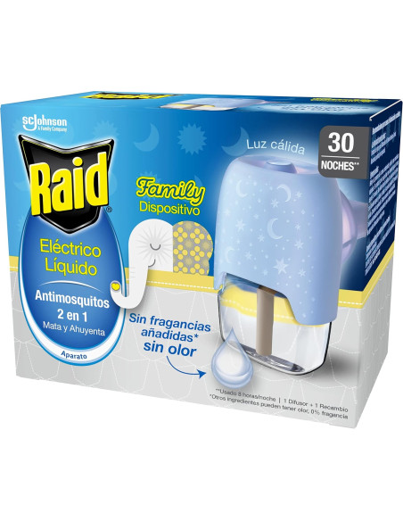 Raid® Eléctrico líquido Family 30 noches - Enchufe anti mosquitos común y tigre 2 en 1